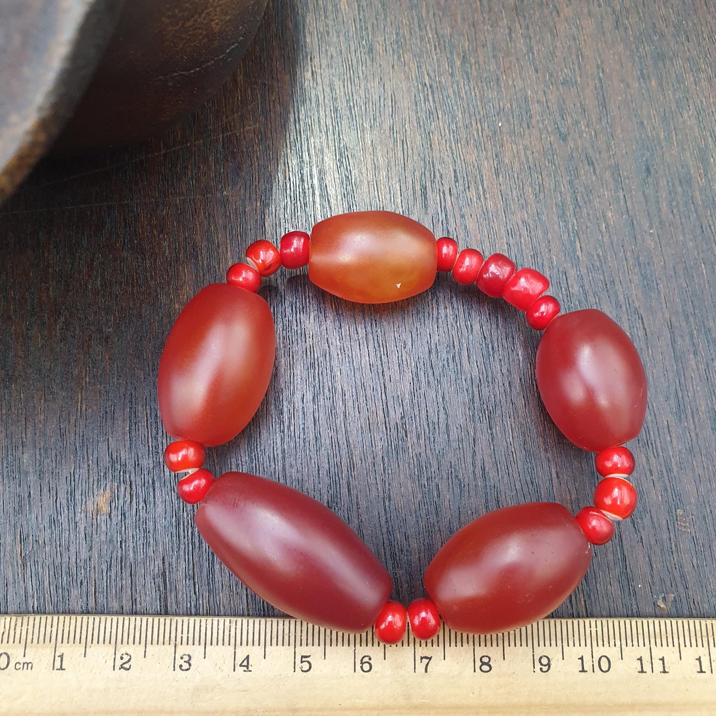 Vintage himalayan huge tube red agate and red white heart beads necklace