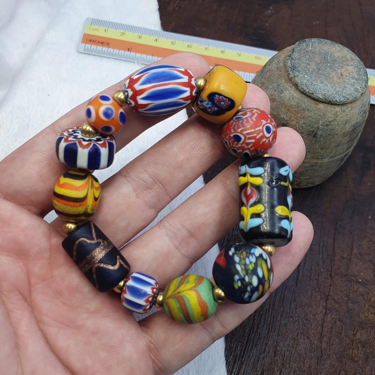 Vintage African Venetian Style Glass Beads Bracelet, Handmade Boho Jewelry