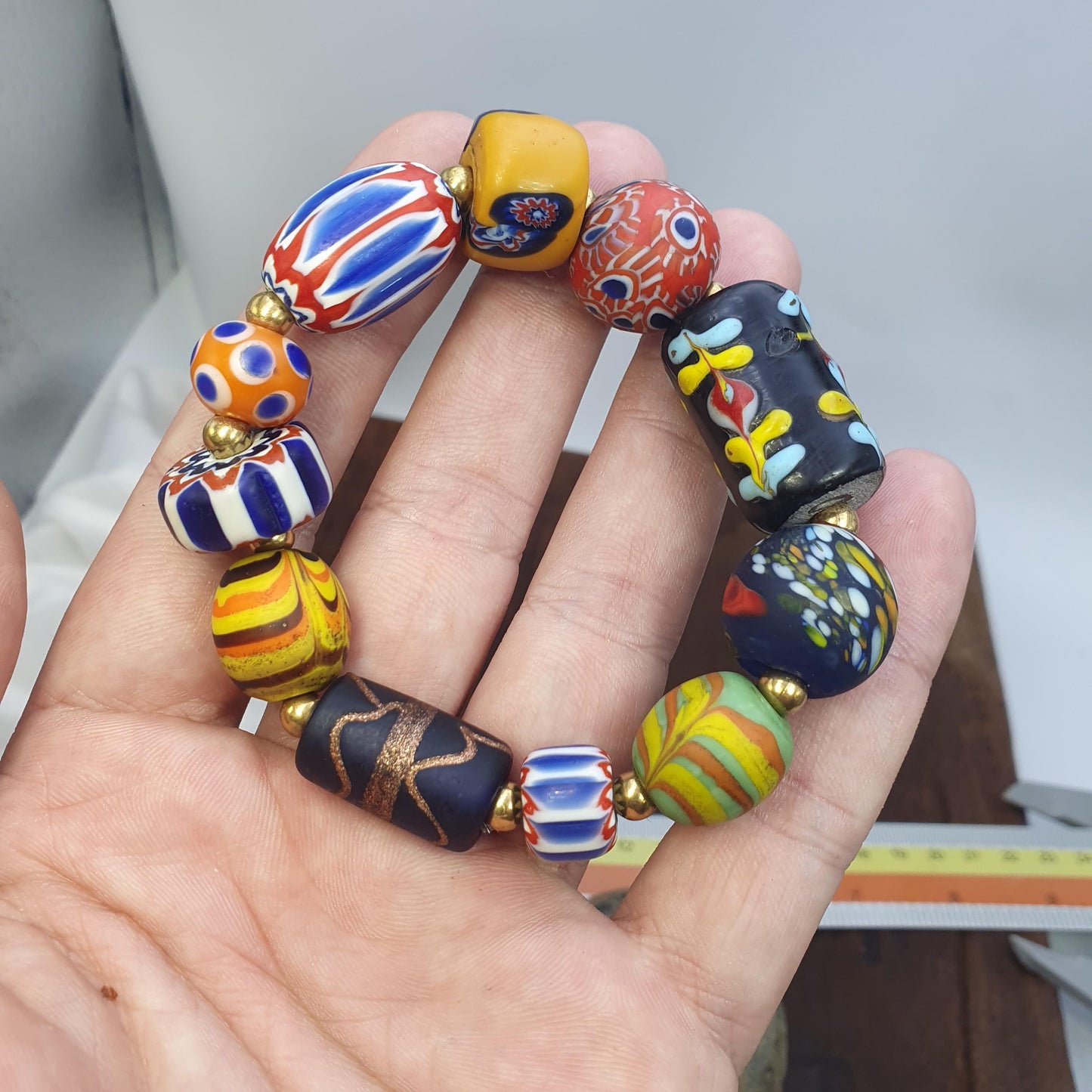 Vintage African Venetian Style Glass Beads Bracelet, Handmade Boho Jewelry