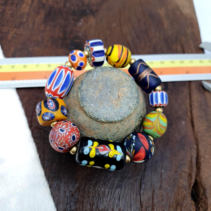 Vintage African Venetian Style Glass Beads Bracelet, Handmade Boho Jewelry