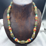 Vintage Venetian Style Yellow Red Chevron & Green Feather Glass Beads Necklace