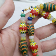 Vintage Venetian Style Yellow Red Chevron & Green Feather Glass Beads Necklace