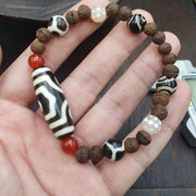 Tibetan Dzi Agate Beaded Bracelet with Carnelian Himalayan Seed Carving, Spiritual Healing, Meditation Jewelry, Antique Tibetan Amulet Style