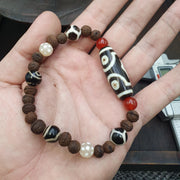 Tibetan Dzi Agate Beaded Bracelet with Carnelian Himalayan Seed Carving, Spiritual Healing, Meditation Jewelry, Antique Tibetan Amulet Style