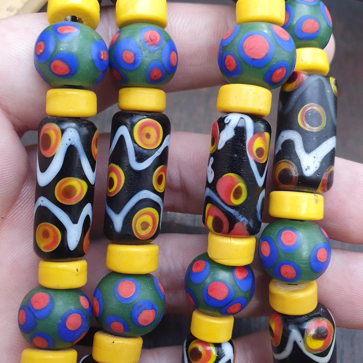 Vintage venetian style skunk millefiori fancy glass beads Necklace Yellow Discs African beads  28" gift