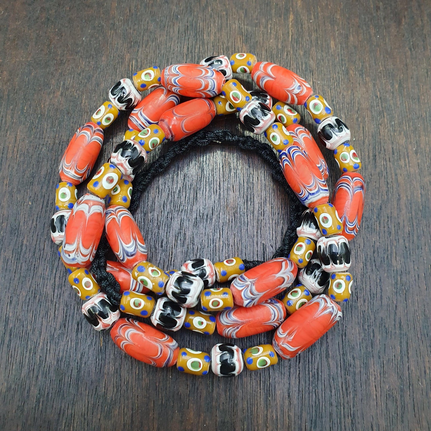 Venetian Millefiori Style Feather Beads Necklace – Yellow Skunk Eyes beads  28"