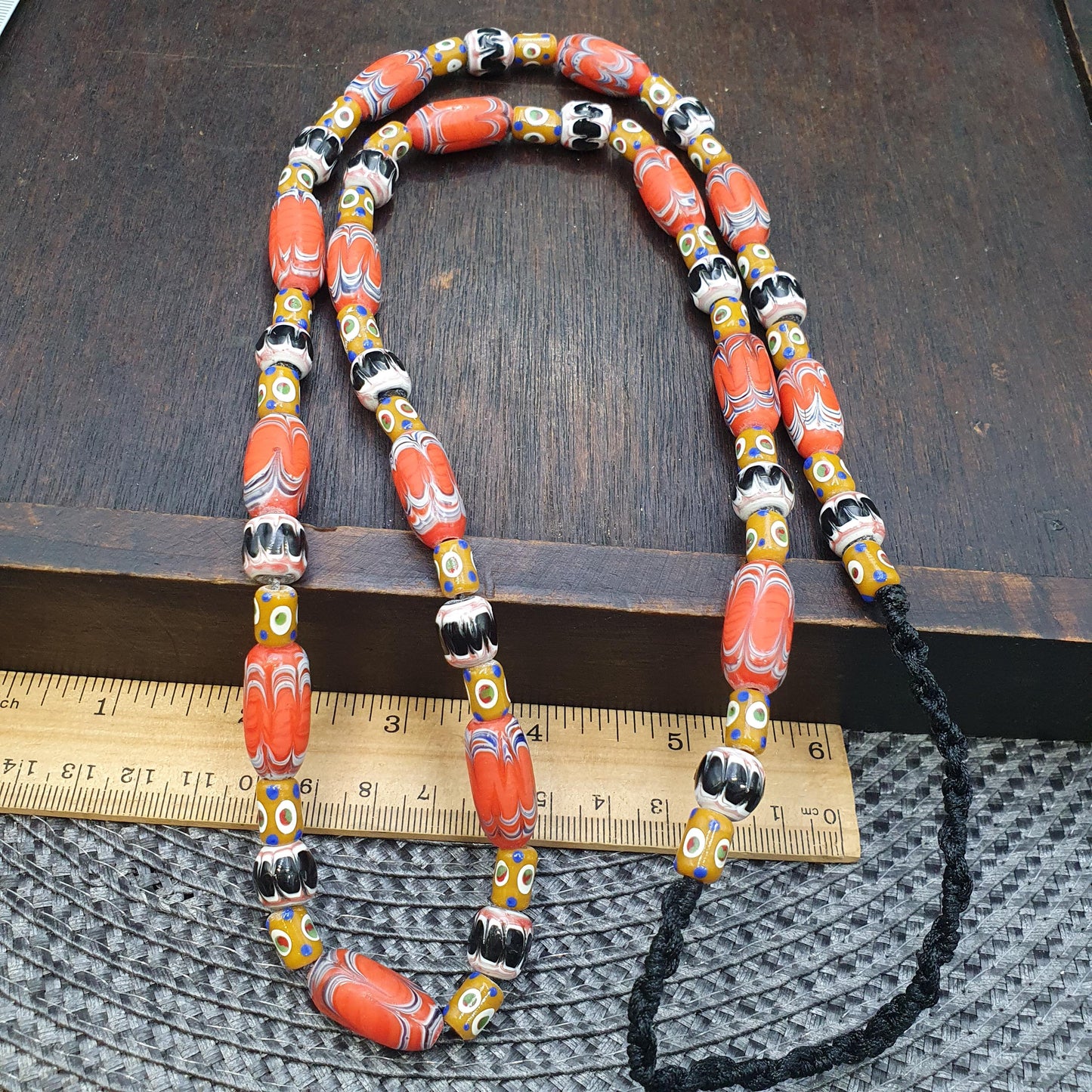 Venetian Millefiori Style Feather Beads Necklace – Yellow Skunk Eyes beads  28"
