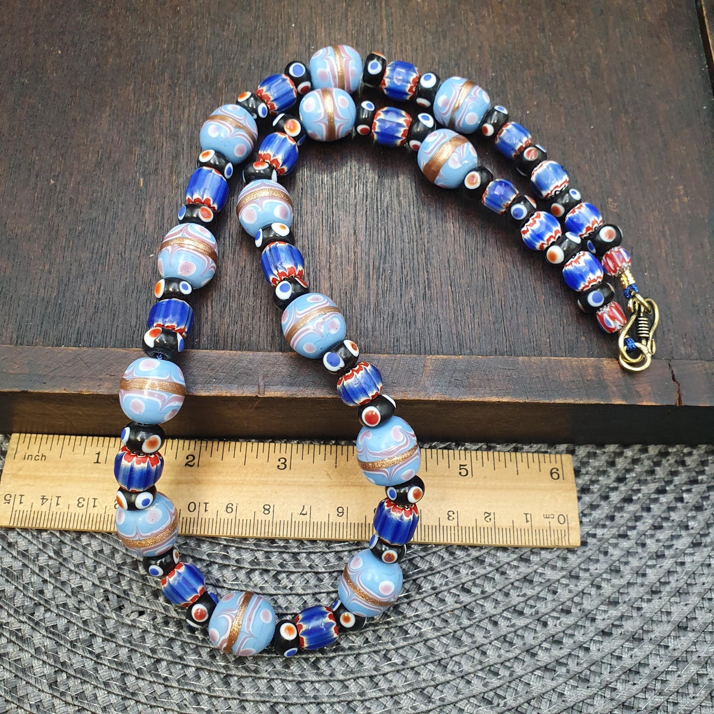 Vintage Venetian Style millefiori fancy and Chevron glass beads 10-15mm 24" necklace Gift