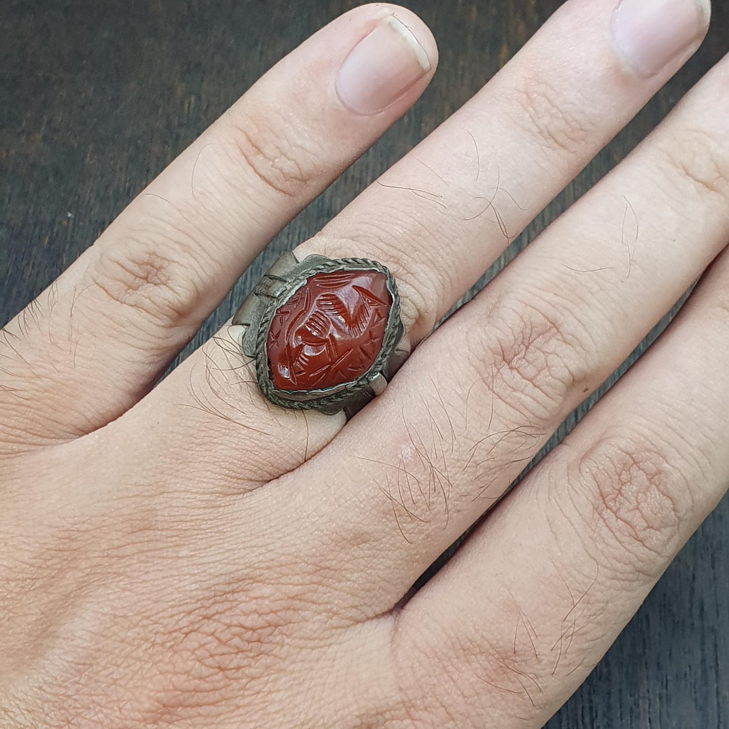 Antique carnelian old seal stamp agate king figurine Sterling silver Ring