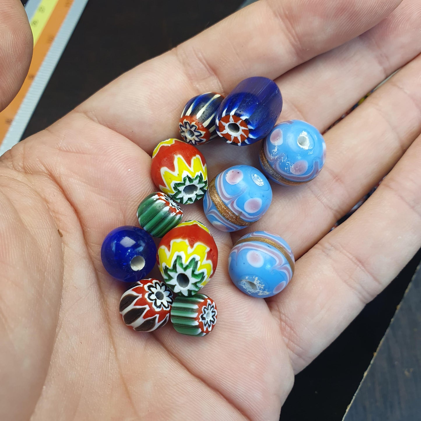 Venetian Style Chevron Beads, Layered Rosetta Glass Beads, Mixed African Trade Beads, Red Blue Green Millefiori, Jewelry Making Supplies