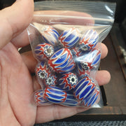 Rosetta Glass Beads, Venetian Chevron Focals | Cane Construction | Oval Barrel, 20 Pc, Red White Blue