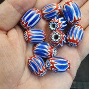 Rosetta Glass Beads, Venetian Chevron Focals | Cane Construction | Oval Barrel, 20 Pc, Red White Blue