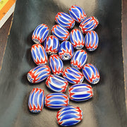 Rosetta Glass Beads, Venetian Chevron Focals | Cane Construction | Oval Barrel, 20 Pc, Red White Blue