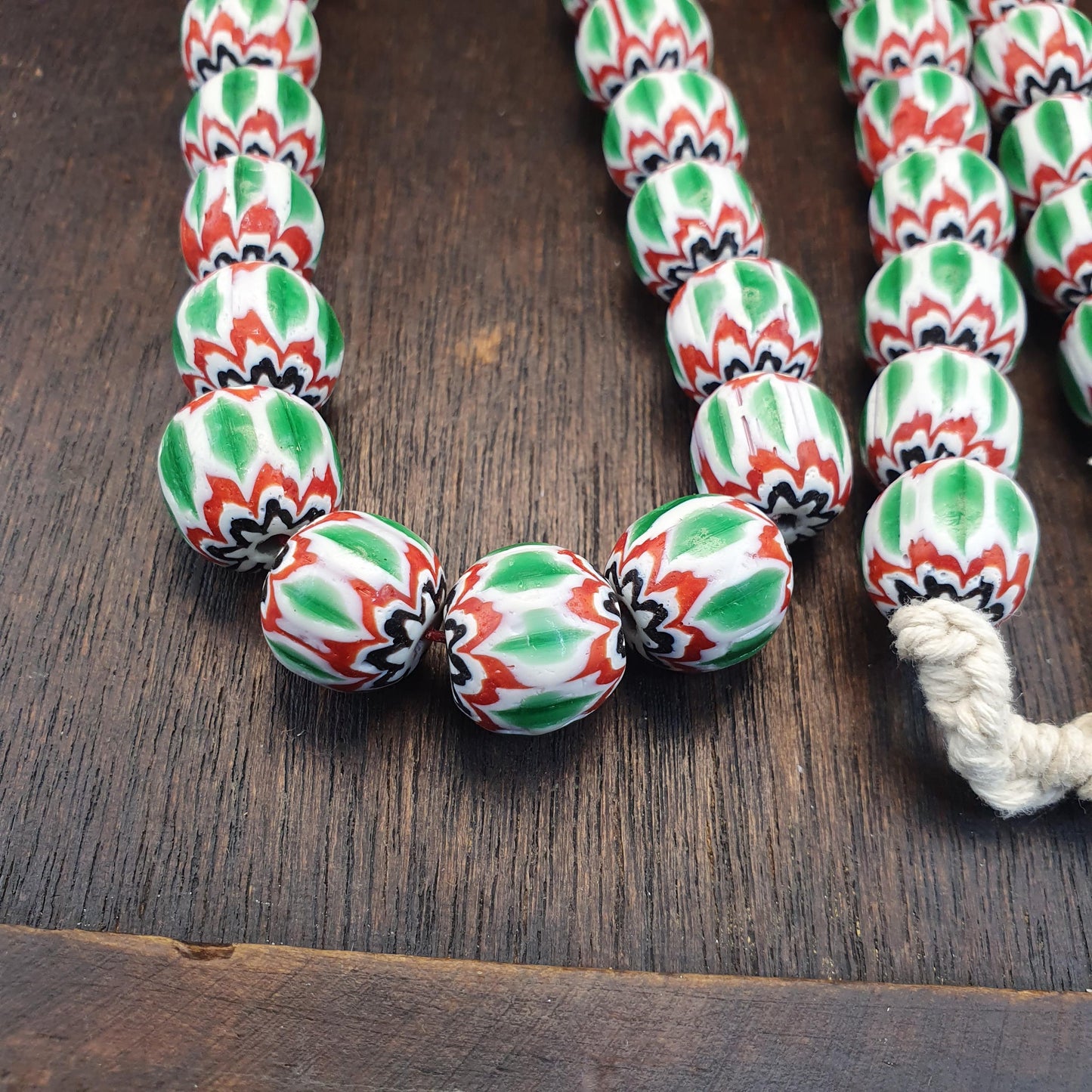Big size vintage venetian style old green chevron glass beads long strand