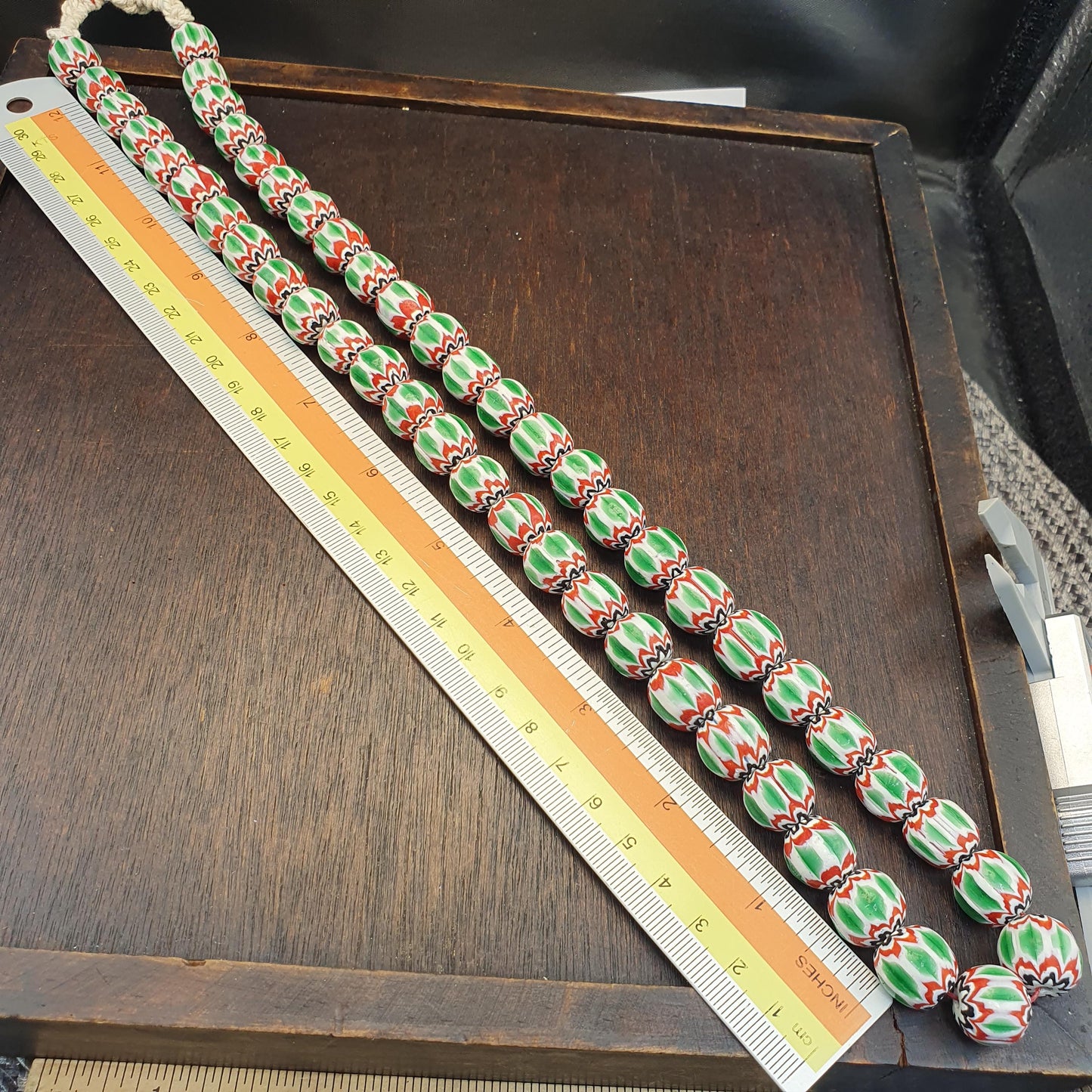 Big size vintage venetian style old green chevron glass beads long strand