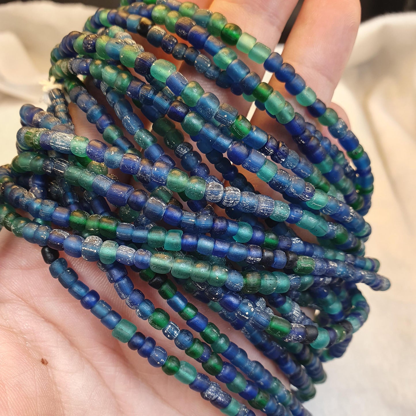 Antique old traded  blue color glass beads jewelry necklace  mala Gift