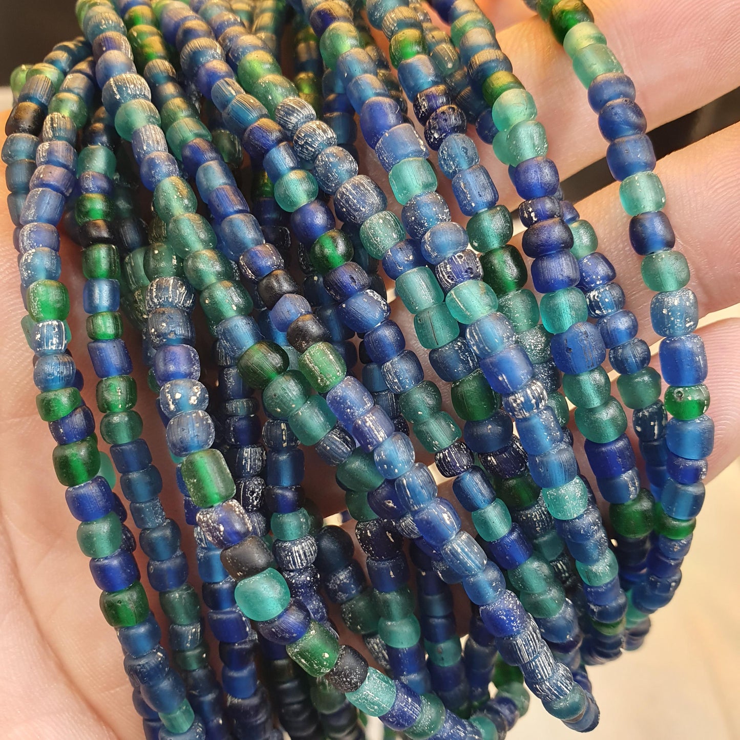 Antique old traded  blue color glass beads jewelry necklace  mala Gift