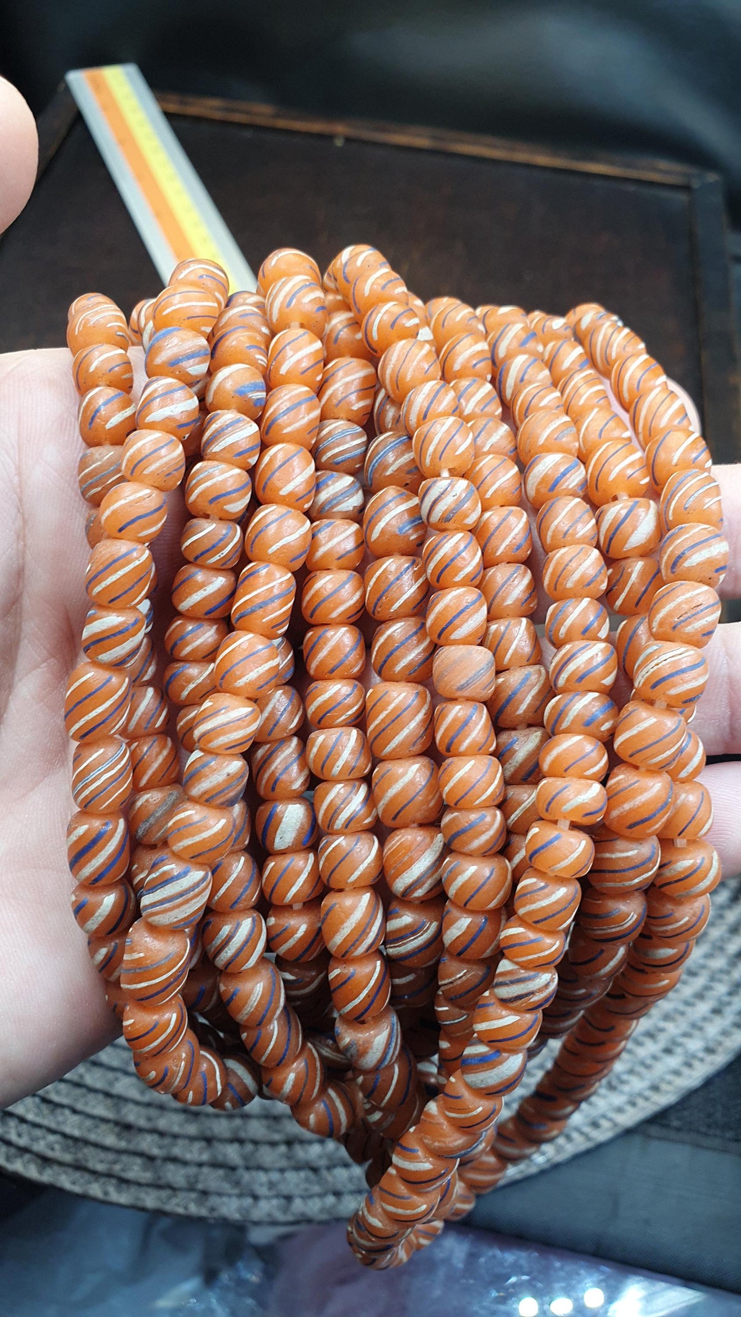 Striped Venetian Style Glass Beads - Orange Blue White Striped African Beads - Boho Jewelry Focal Beads - Bulk Bead Supply