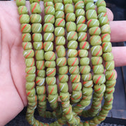 Colorful Lime Green Candy Stripe Strand, Venetian Inspired Skunk Trade Beads, Red White Diagonal Stripes, 8.5mm Glass