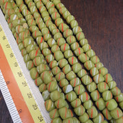 Colorful Lime Green Candy Stripe Strand, Venetian Inspired Skunk Trade Beads, Red White Diagonal Stripes, 8.5mm Glass