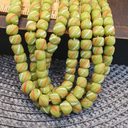 Colorful Lime Green Candy Stripe Strand, Venetian Inspired Skunk Trade Beads, Red White Diagonal Stripes, 8.5mm Glass