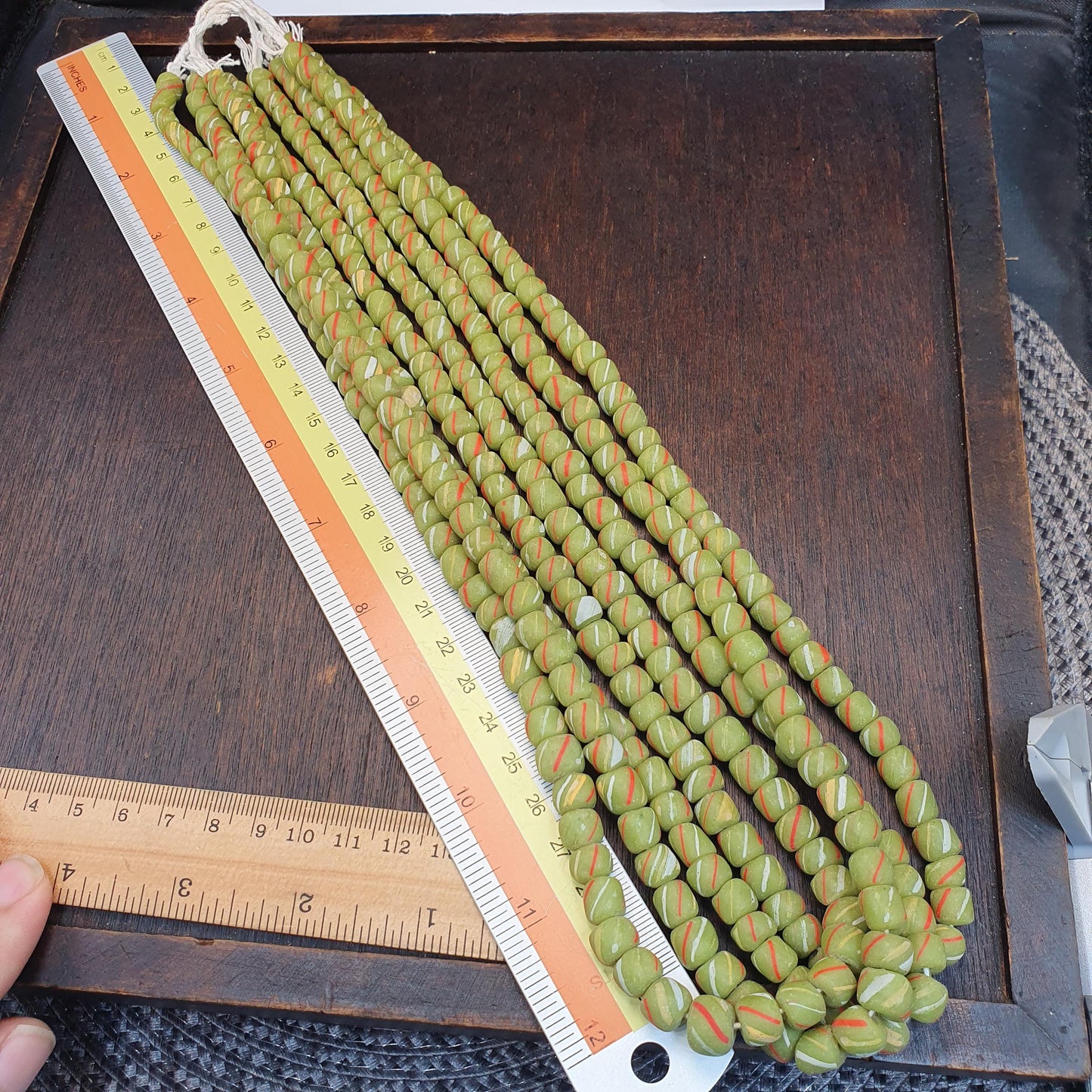 Colorful Lime Green Candy Stripe Beads, Venetian Style Trade Bead Strand, Striped Lampwork Beads for Designers, Ethnic Tribal Style Beads