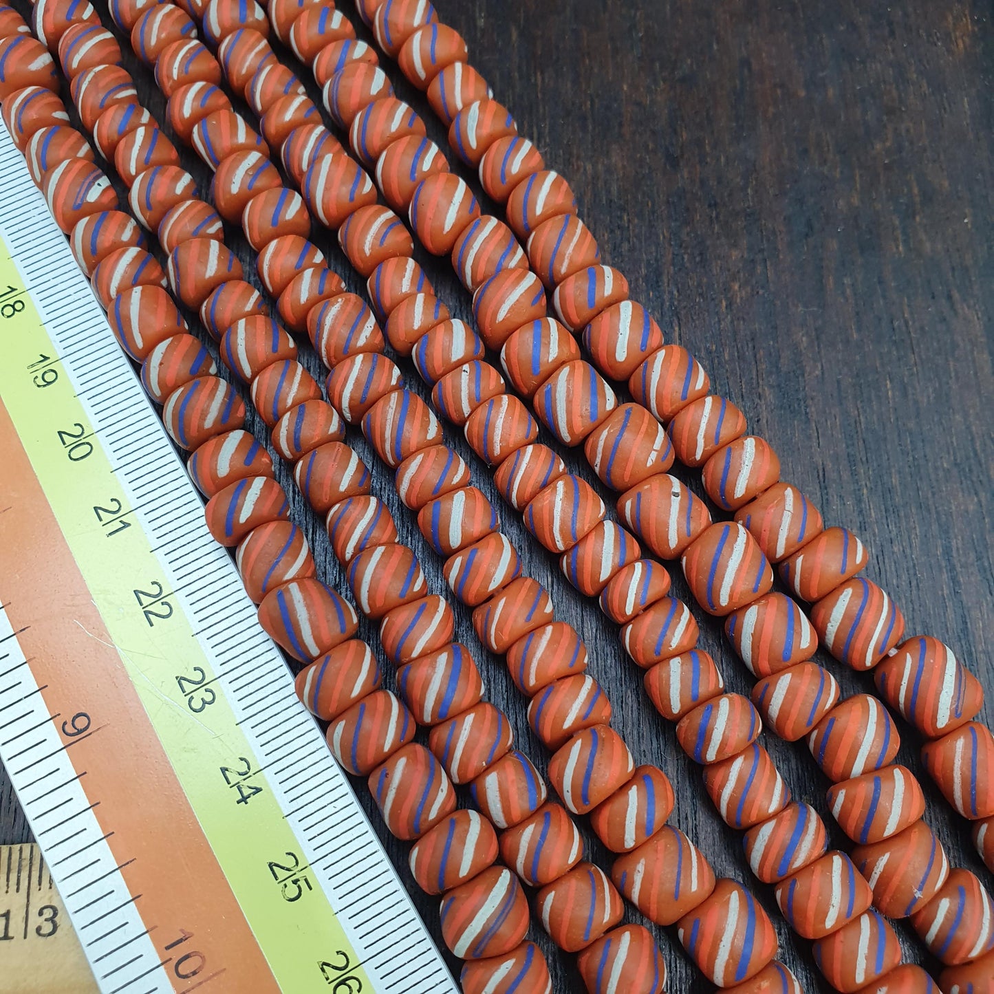 Striped Orange Glass Beads - Venetian Skunk Bead Strand - Orange Blue Stripe African Trade Beads - Boho Jewelry Focal Beads