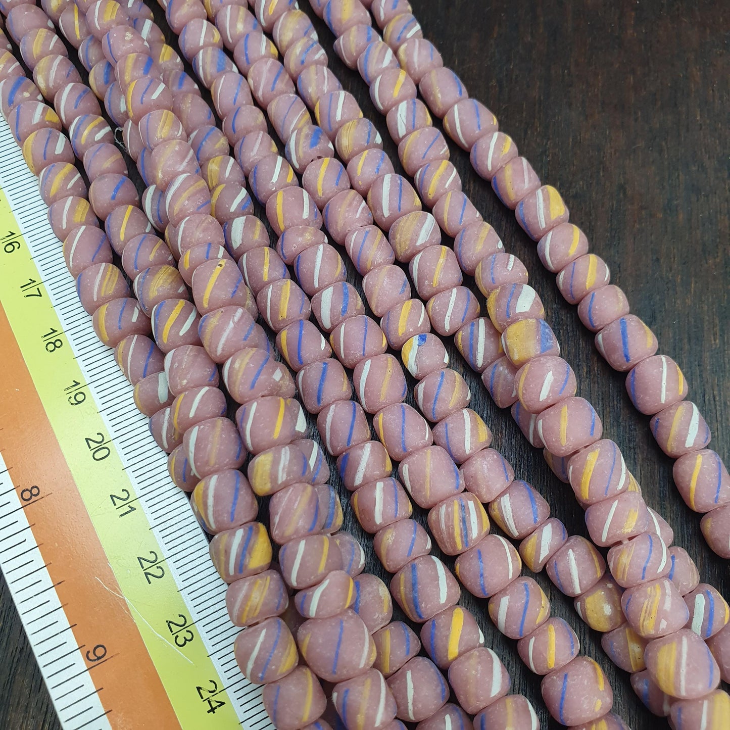 Striped Pink Glass Beads - Venetian Skunk Bead Strand - Pink yellow Blue Stripe African Trade Beads - Boho Jewelry Focal Beads