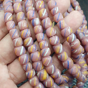 Striped Pink Glass, Venetian Inspired Skunk Bead Strand | Lampwork Matte Finish | Round-Oval 8Mm, Full Multi-Loop
