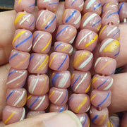 Striped Pink Glass, Venetian Inspired Skunk Bead Strand | Lampwork Matte Finish | Round-Oval 8Mm, Full Multi-Loop