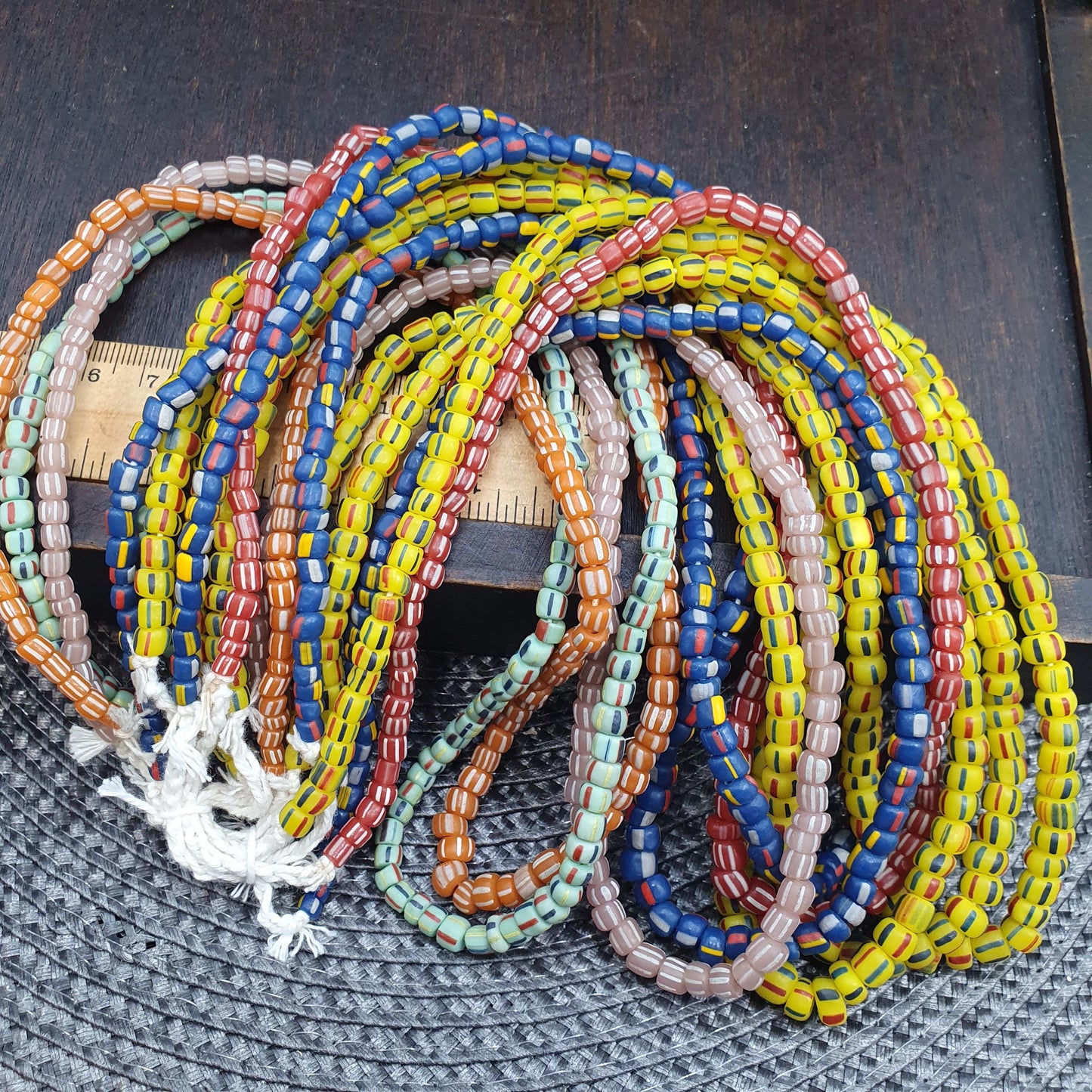 Lot of 10 Strands Venetian Style Christmas Beads - Mixed Multi-Color Striped Glass - Small 4-6mm African Trade Beads - Bulk Jewelry Supply