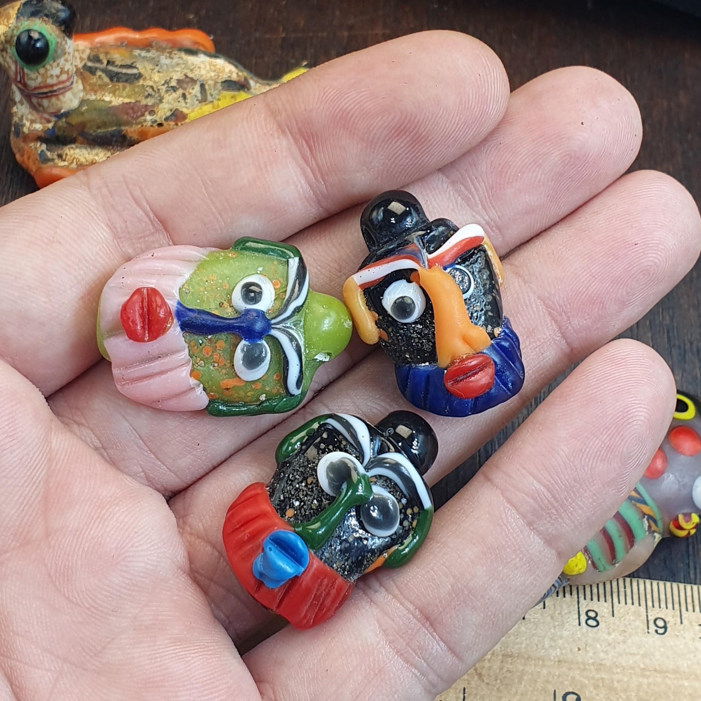Artisan Glass Face Beads, African Style Bead Lot, Large Figural Bird and Person Beads, Millefiori Lampwork, Whimsical Jewelry Supplies, 5pc
