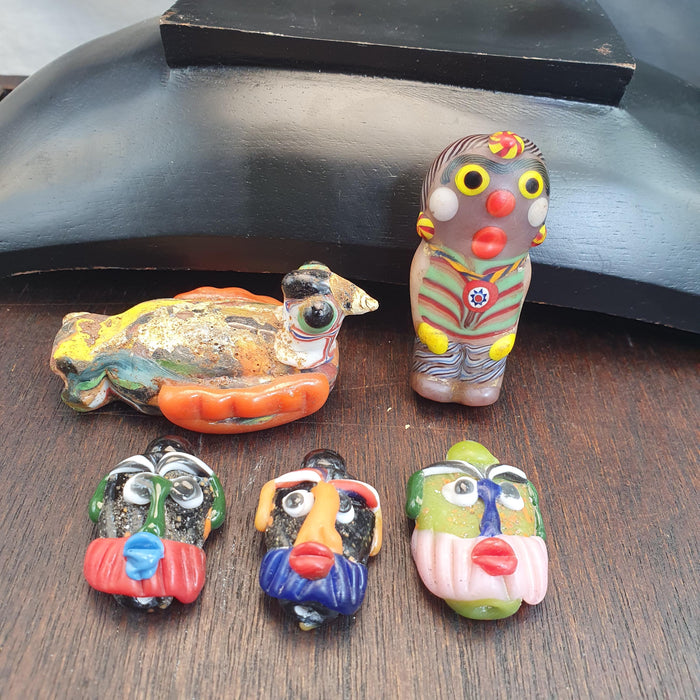 Artisan Glass Face Beads, African Style Bead Lot, Large Figural Bird and Person Beads, Millefiori Lampwork, Whimsical Jewelry Supplies, 5pc