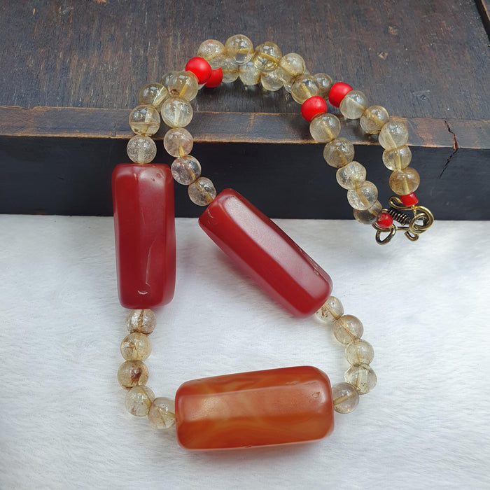 Himalayan Red Agate Mala for Protection & Grounding – Included Quartz Meditation Beads – Large Barrel Statement Necklace