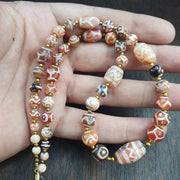 Tibetan Etched Agate Bead Necklace | Tribal Dzi Style Statement Jewelry | Hand-Knotted Bohemian Agate Choker