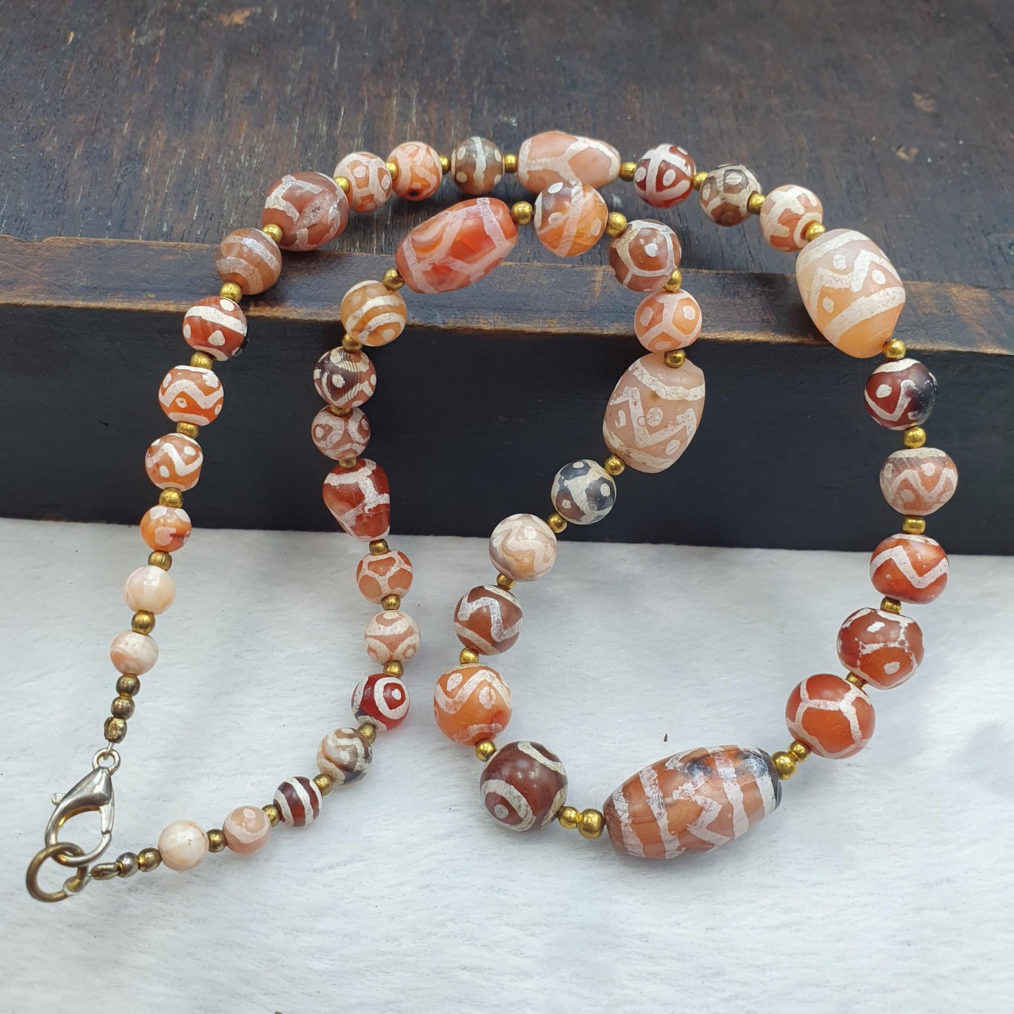 Tibetan Etched Agate Bead Necklace | Tribal Dzi Style Statement Jewelry | Hand-Knotted Bohemian Agate Choker