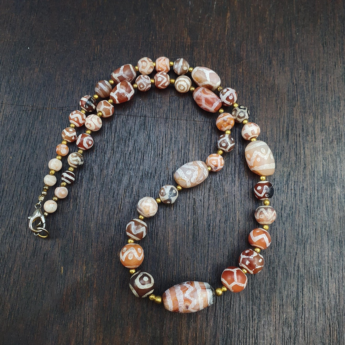 Tibetan Etched Agate Bead Necklace | Tribal Dzi Style Statement Jewelry | Hand-Knotted Bohemian Agate Choker