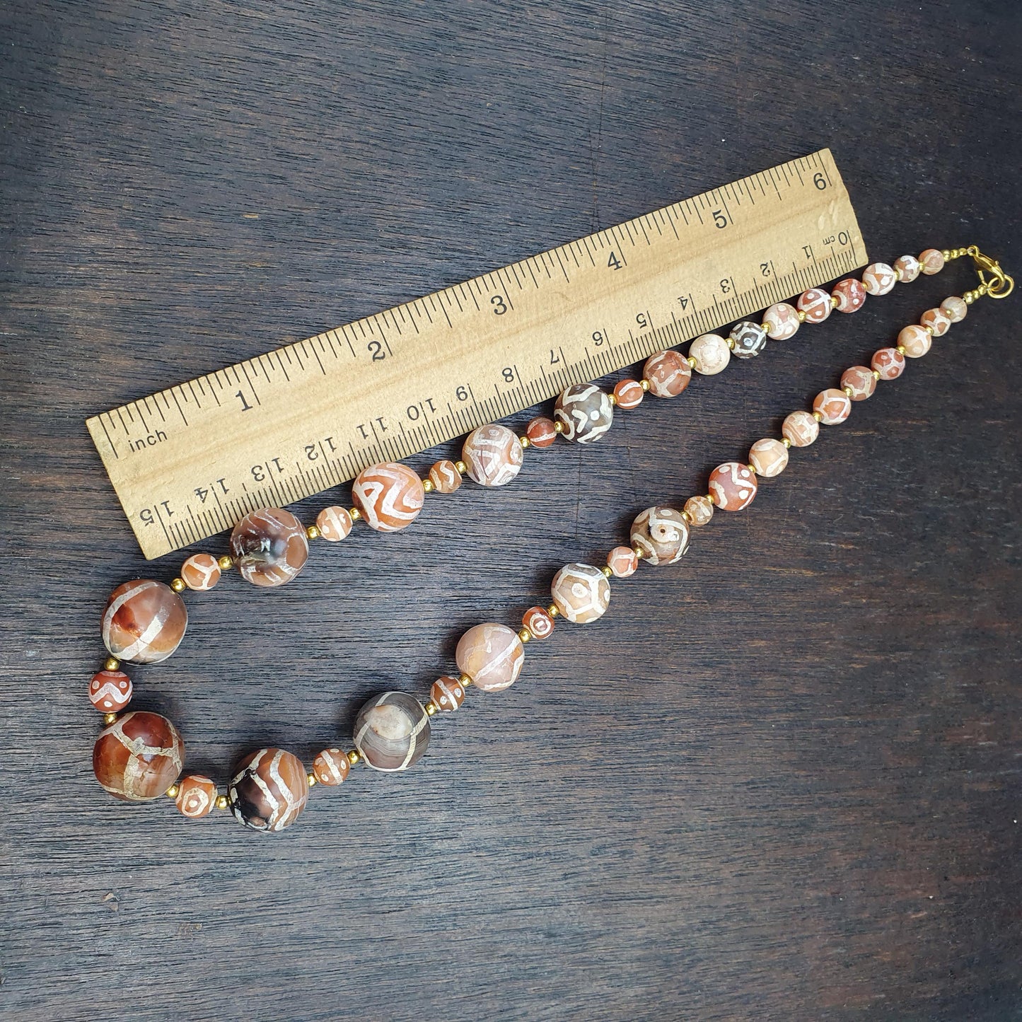 Large Etched Agate Dzi Bead Necklace - Tibetan Style Patterned Stone Jewelry
