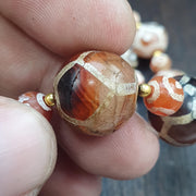 Large Etched Agate Dzi Bead Necklace - Tibetan Style Patterned Stone Jewelry