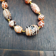 Genuine Patterned Agate Dzi Necklace - Intricately Etched Himalayan Beads - Collector's Tribal Jewelry
