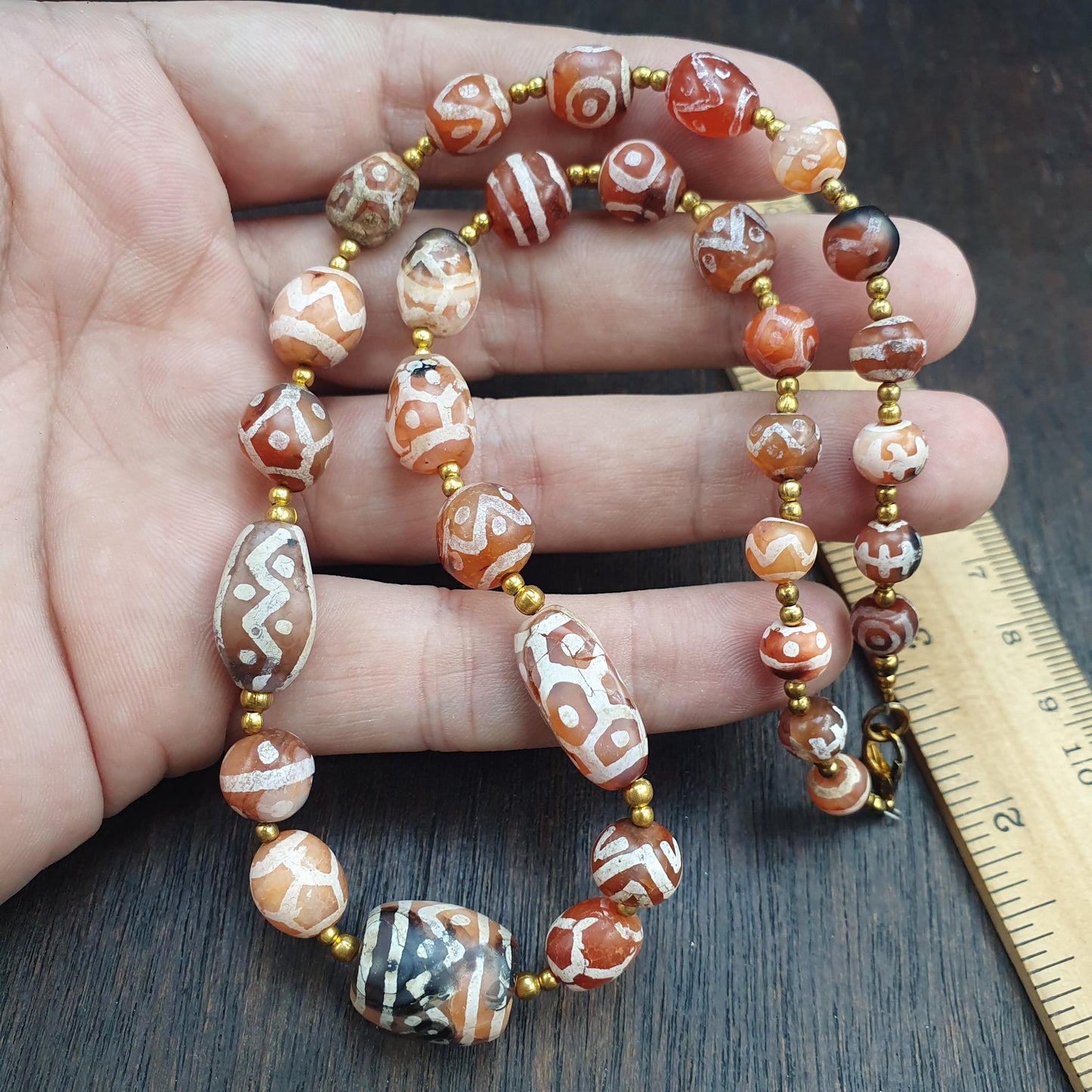 Genuine Patterned Agate Dzi Necklace - Intricately Etched Himalayan Beads - Collector's Tribal Jewelry