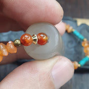 Chalcedony Cylinder Seal Pendant - Hand-Carved Sasanian Hunter Motif - Carnelian & Turquoise Beaded Necklace
