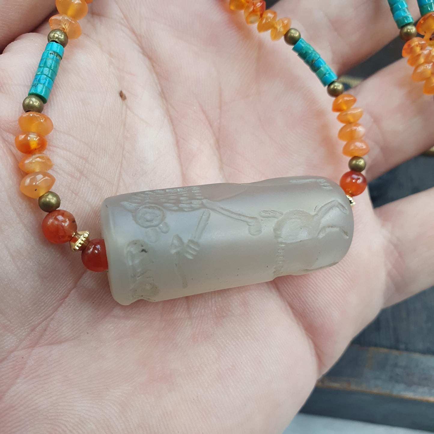 Chalcedony Cylinder Seal Pendant - Hand-Carved Sasanian Hunter Motif - Carnelian & Turquoise Beaded Necklace