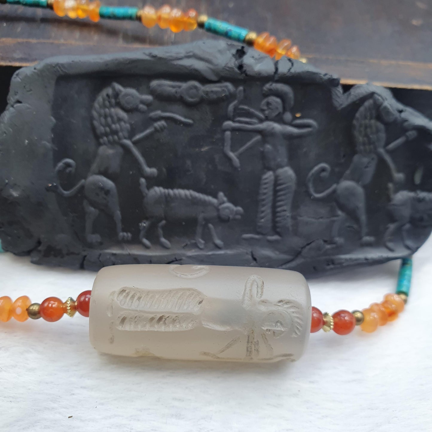 Chalcedony Cylinder Seal Pendant - Hand-Carved Sasanian Hunter Motif - Carnelian & Turquoise Beaded Necklace