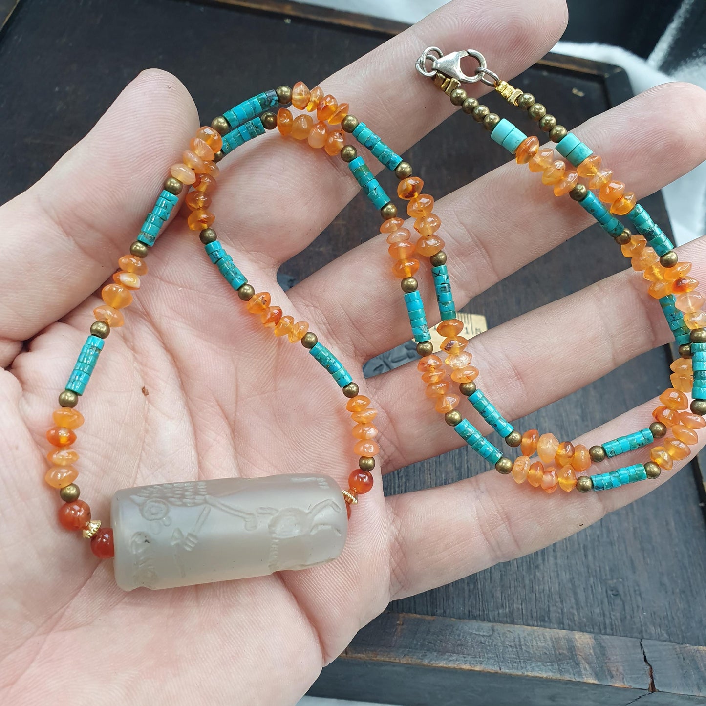 Chalcedony Cylinder Seal Pendant - Hand-Carved Sasanian Hunter Motif - Carnelian & Turquoise Beaded Necklace