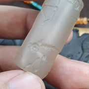 Chalcedony Cylinder Seal Pendant - Hand-Carved Sasanian Hunter Motif - Carnelian & Turquoise Beaded Necklace