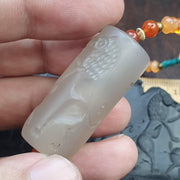 Chalcedony Cylinder Seal Pendant - Hand-Carved Sasanian Hunter Motif - Carnelian & Turquoise Beaded Necklace