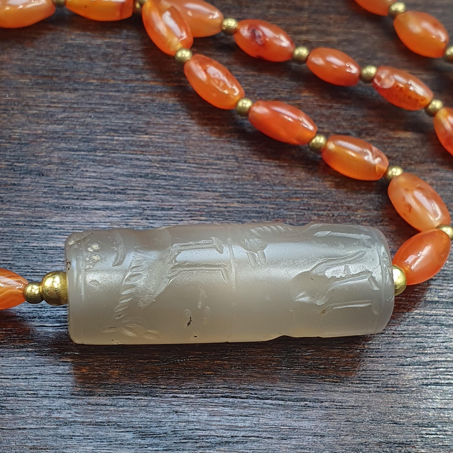Translucent Chalcedony Cylinder Seal Necklace | Hand-Carved Mesopotamian Animal Motif | Historical Statement Jewelry