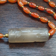 Translucent Chalcedony Cylinder Seal Necklace | Hand-Carved Mesopotamian Animal Motif | Historical Statement Jewelry