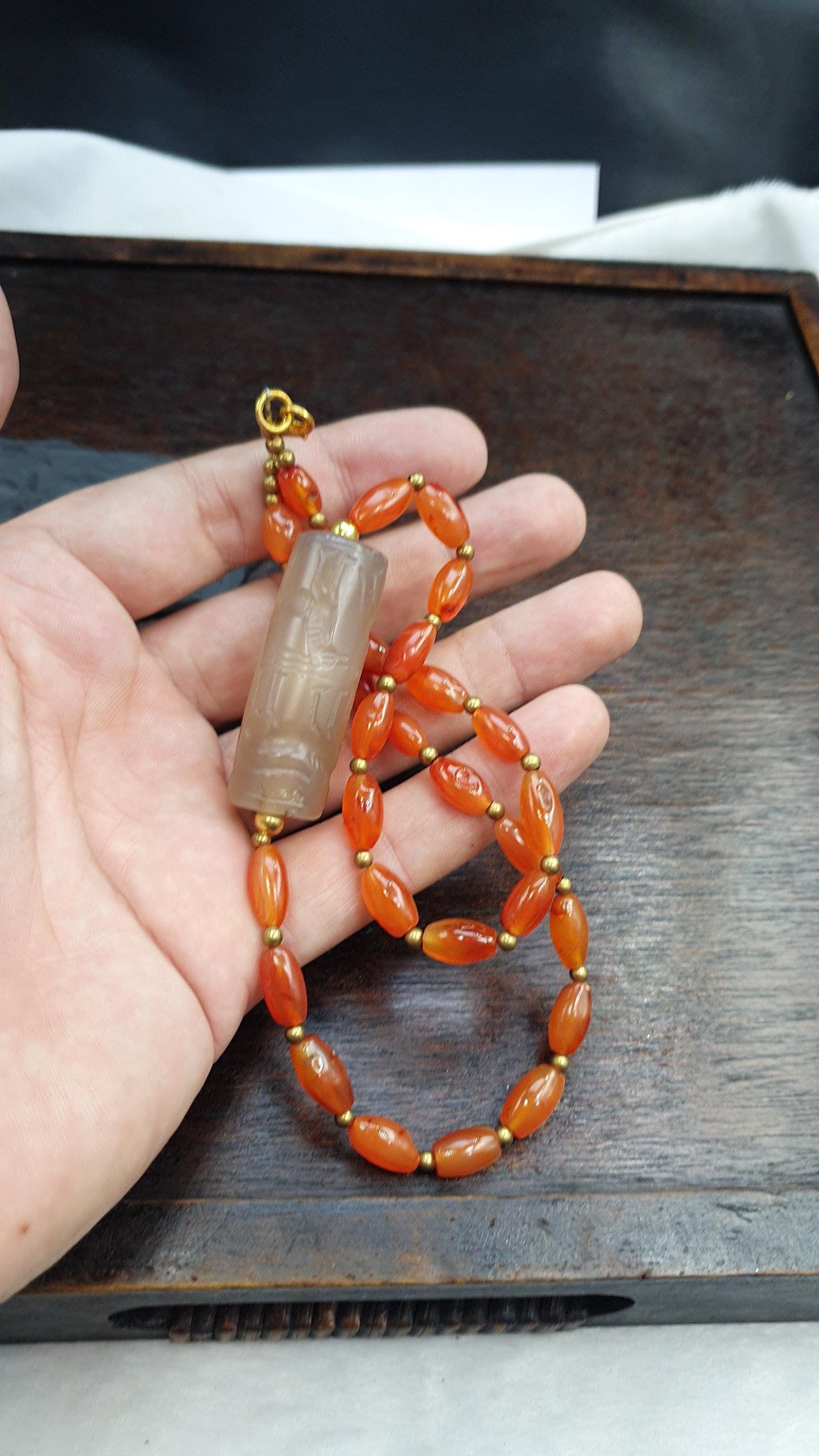 Translucent Chalcedony Cylinder Seal Necklace | Hand-Carved Mesopotamian Animal Motif | Historical Statement Jewelry
